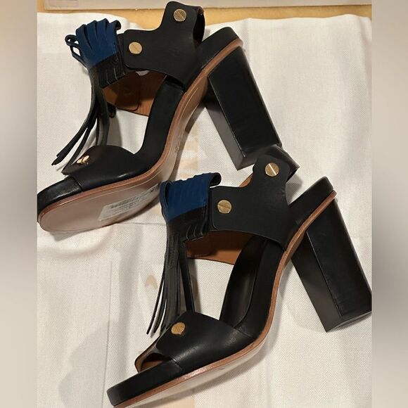 Chloe Black Leather Fringes Block Heel Sandals Size 38 - Picture 10 of 13